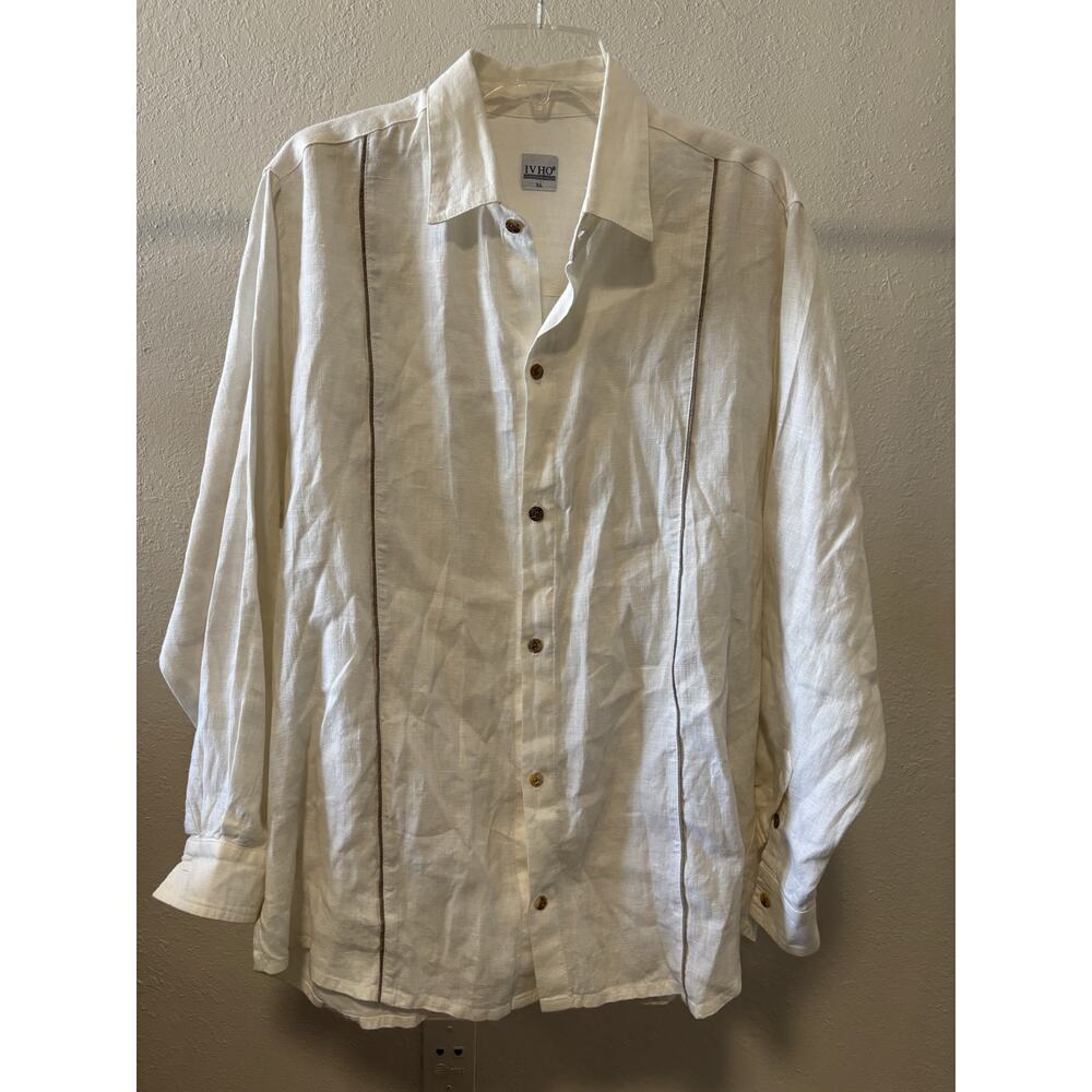 Linen Blend Casual Button-Down Shirt in White with Contrast Piping